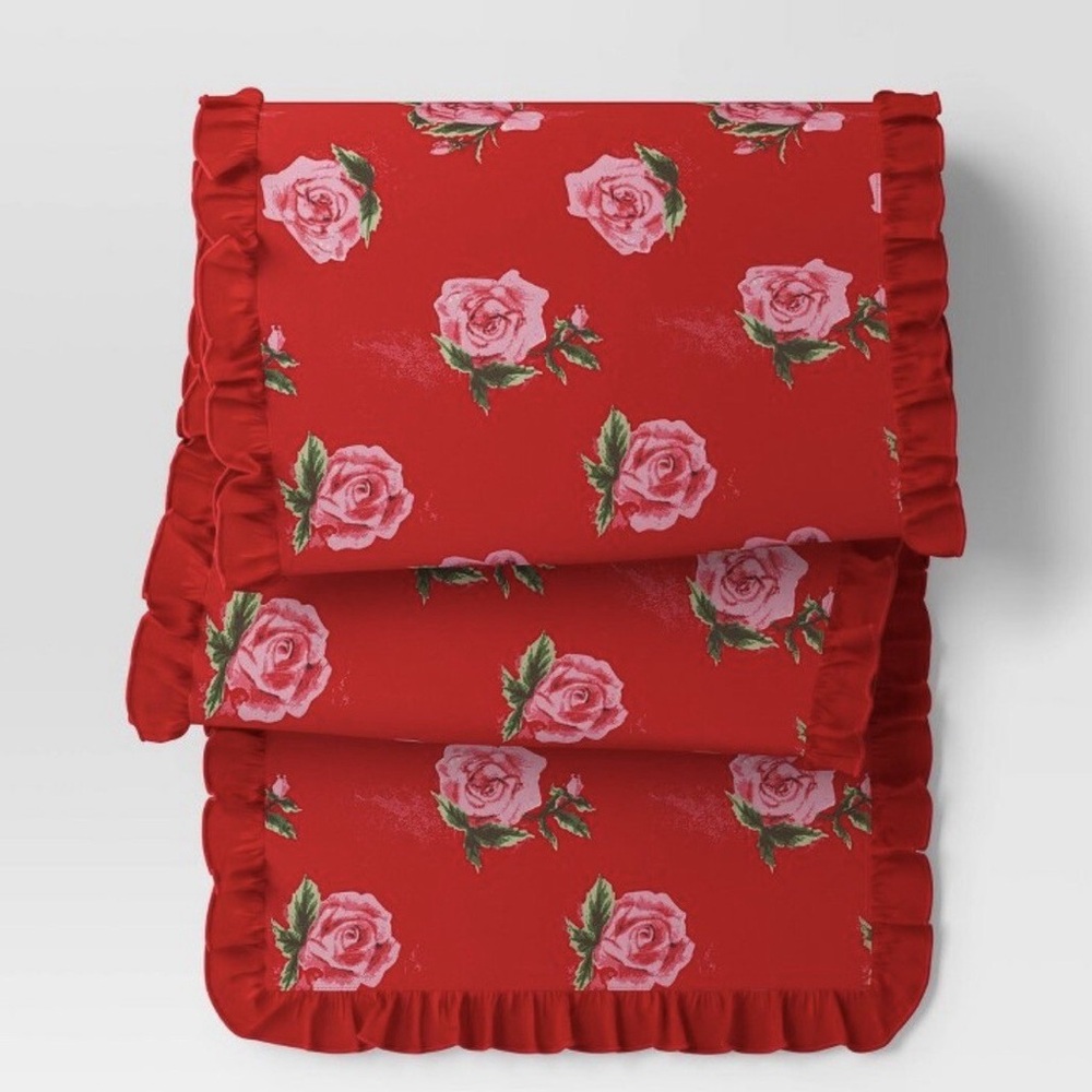 Threshold Reversible Table Runner Red Roses & Stripes-Ruffled Edge 72”x14"